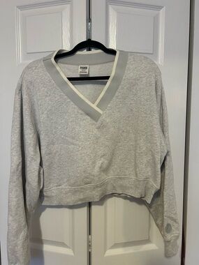 PINK Light Gray V-Neck Cropped Sweatshirt